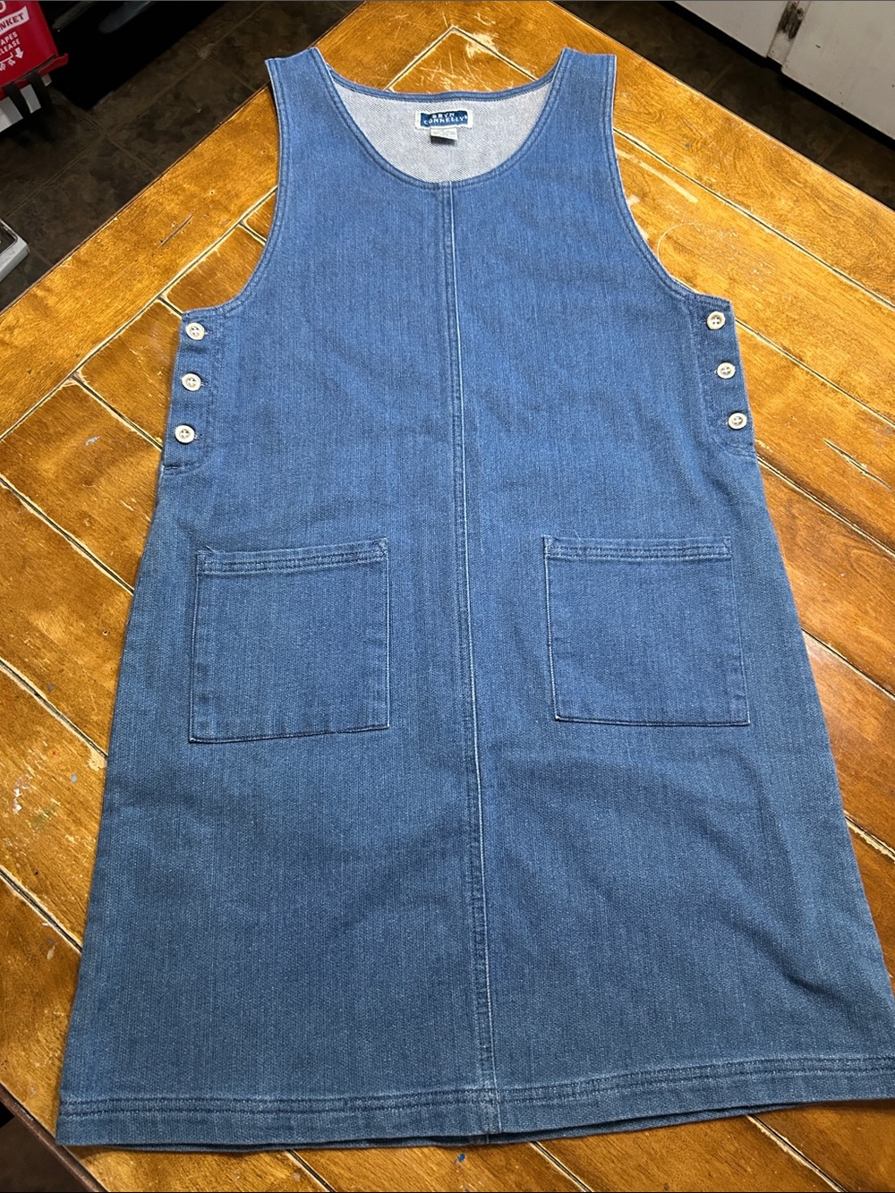 Bryn Connelly Vintage Casual Blue Denim Jumper Dress with Side Button - Cotton